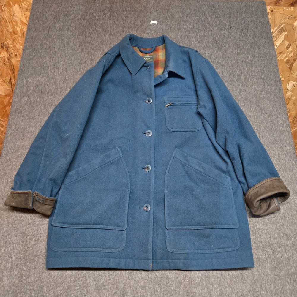 Vintage 90s LL Bean Wool Barn Coat Womens Petite L Blue Plaid Suede Chore Jacket